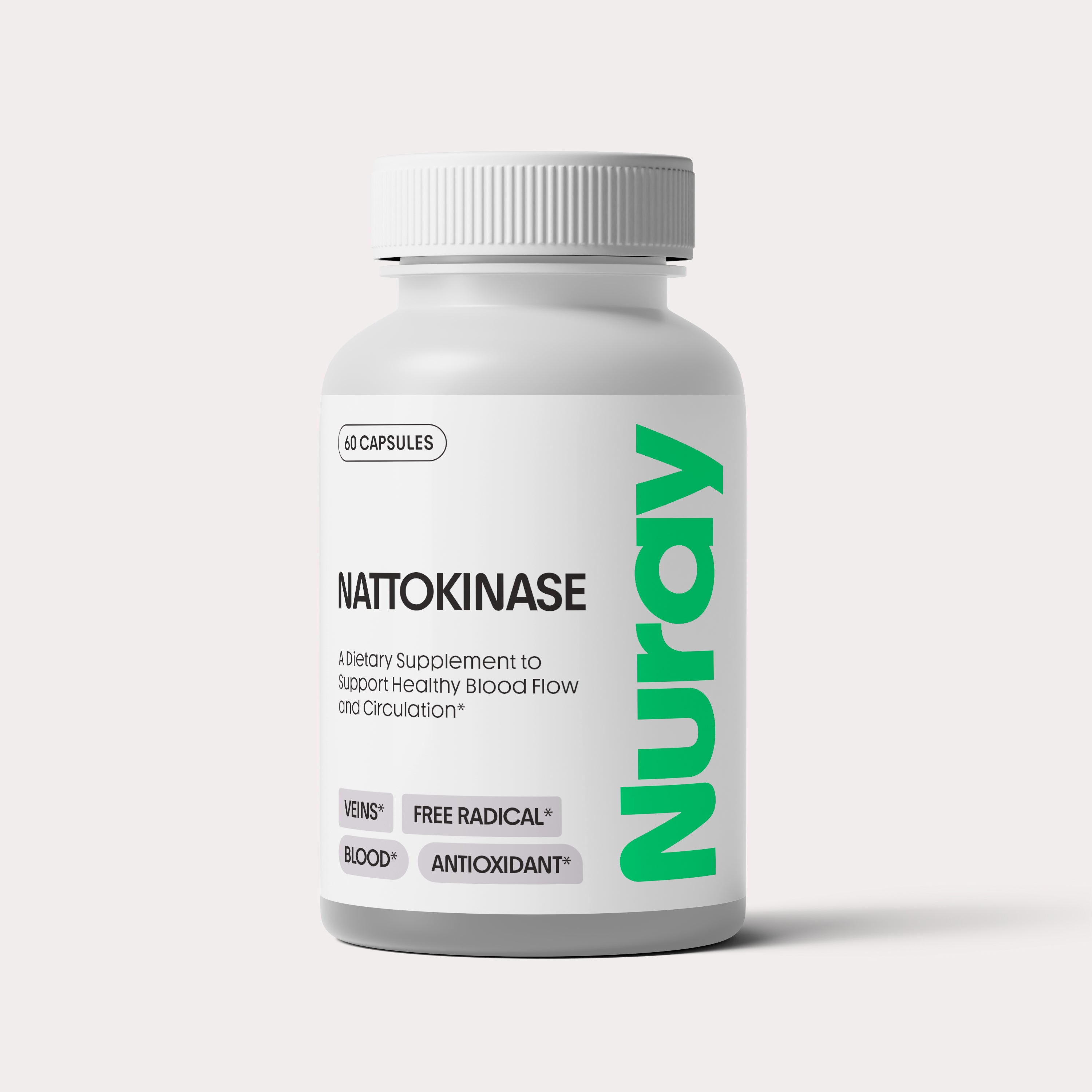 A bottle of Nattokinase supplements with the brand name 'Nurav' on the label.